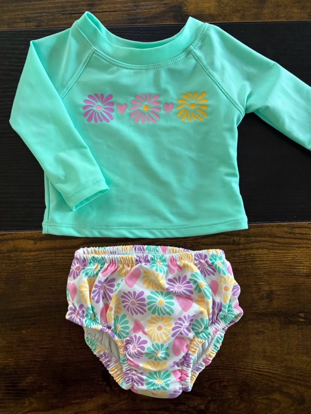 Kids Mint Floral Swim Set - Long Sleeve Top & matching swim diaper